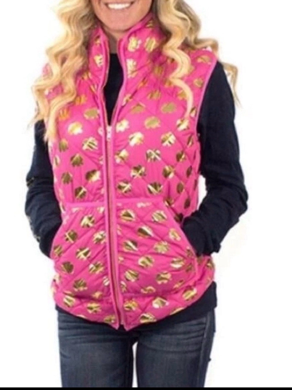 Simply Southern Hot Pink Puffer Vest with Gold Elephant Print- Small